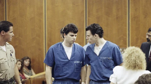 Lyle, left, and Erik Menendez leave a courtroom in Santa Monica, Calif., Aug. 6, 1990, after a judge ruled that conversations between the brothers and their psychologist after their parents were slain were not privileged and could be used as evidence.