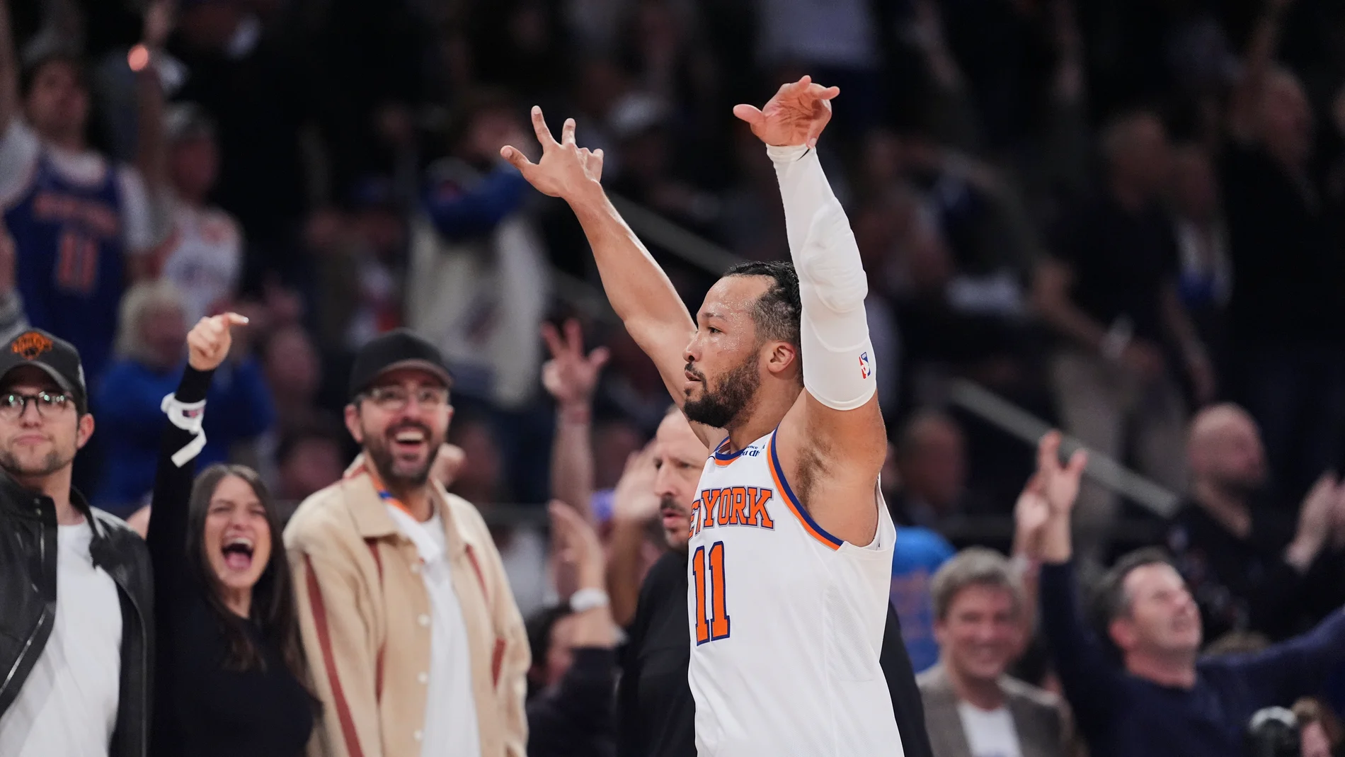 New York Knicks' Jalen Brunson (11) gestures to fans during the second half of Game 6 in the Eastern Conference semifinals of the NBA basketball playoffs against the Boston Celtics Friday, May 16, 2025, in New York. (AP Photo/Frank Franklin II)