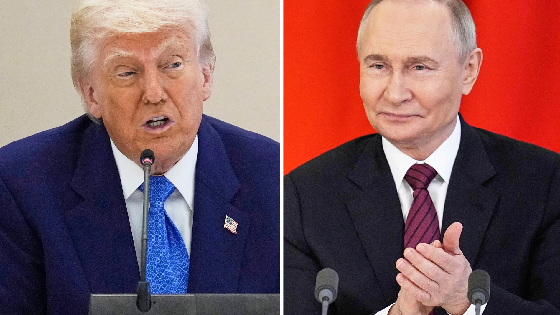 This combination photo shows President Donald Trump in a business roundtable, May 16, 2025, in Abu Dhabi, United Arab Emirates, left, and Russian President Vladimir Putin at a signing ceremony at the Kremlin in Moscow, May 10, 2025. (AP Photo)