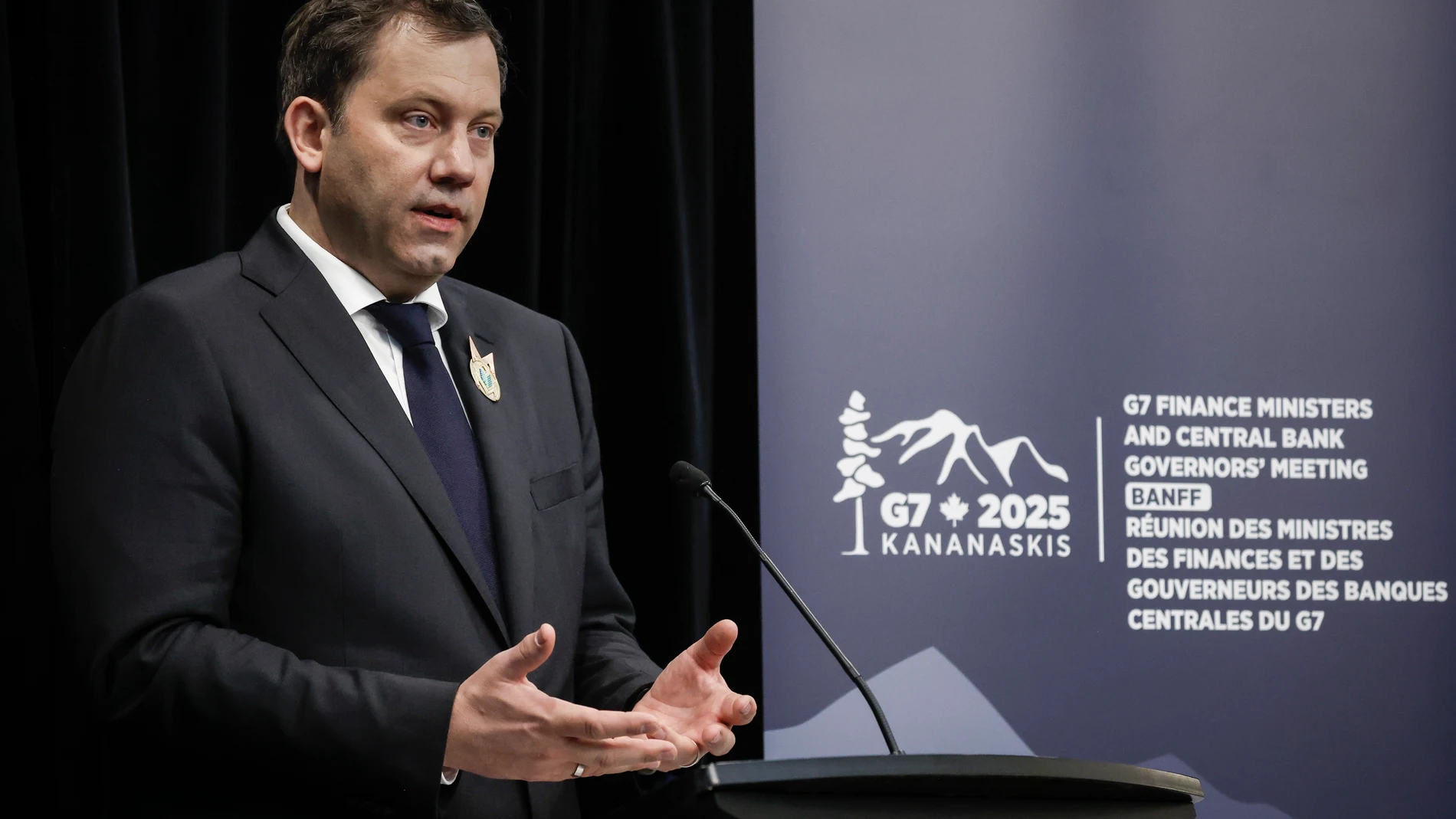 German Finance Minister Lars Klingbeil speaks to the media at the G7 Finance Ministers meeting in Banff, Alberta, Canada, Thursday, May 22, 2025. (Jeff McIntosh/The Canadian Press via AP)