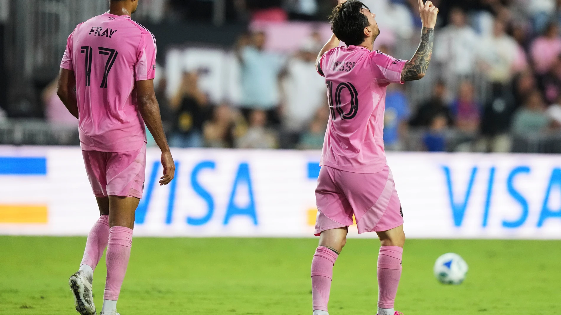 Inter Miami forward Lionel Messi (10) reacts after scoring a goal during the first half of an MLS soccer match against CF Montreal, Wednesday, May 28, 2025, in Fort Lauderdale, Fla. (AP Photo/Lynne Sladky)