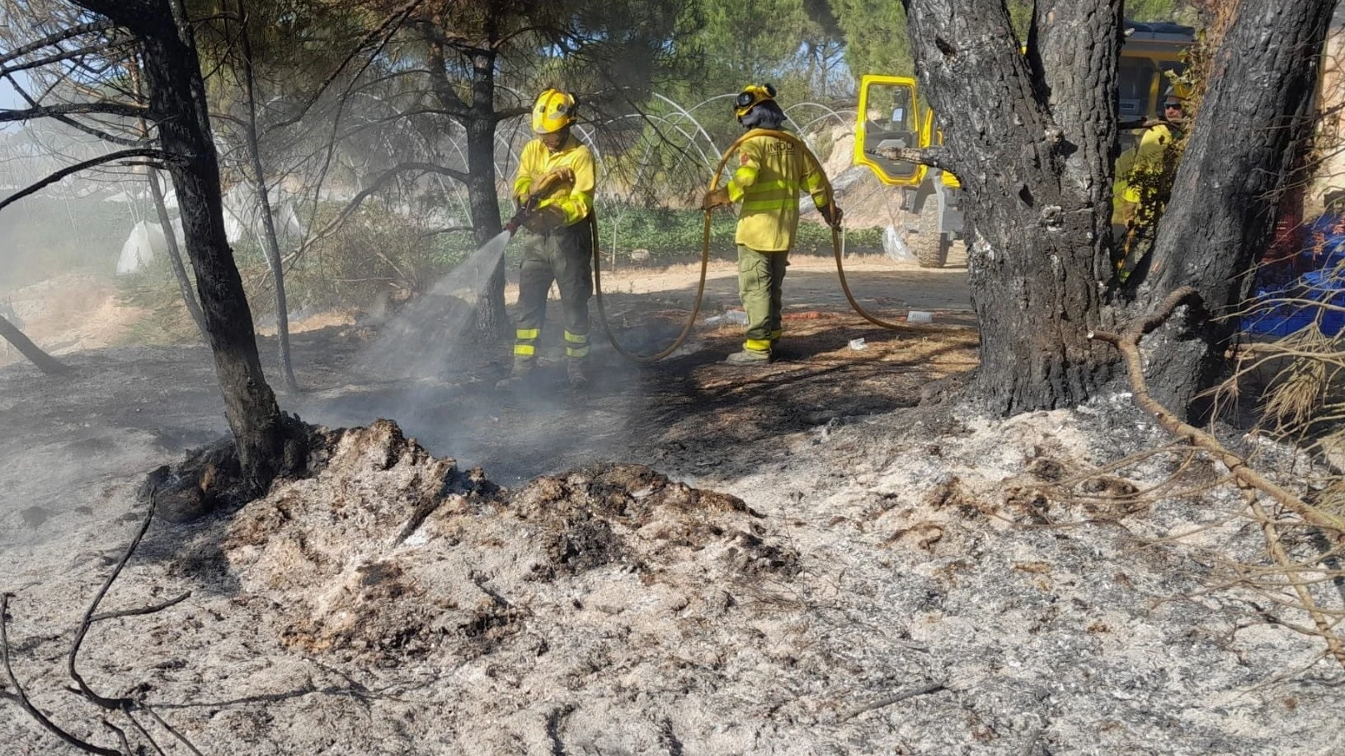 Efectivos del Infoca en Moguer (Huelva)