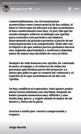 Comunicado publicado por el piloto en redes sociales