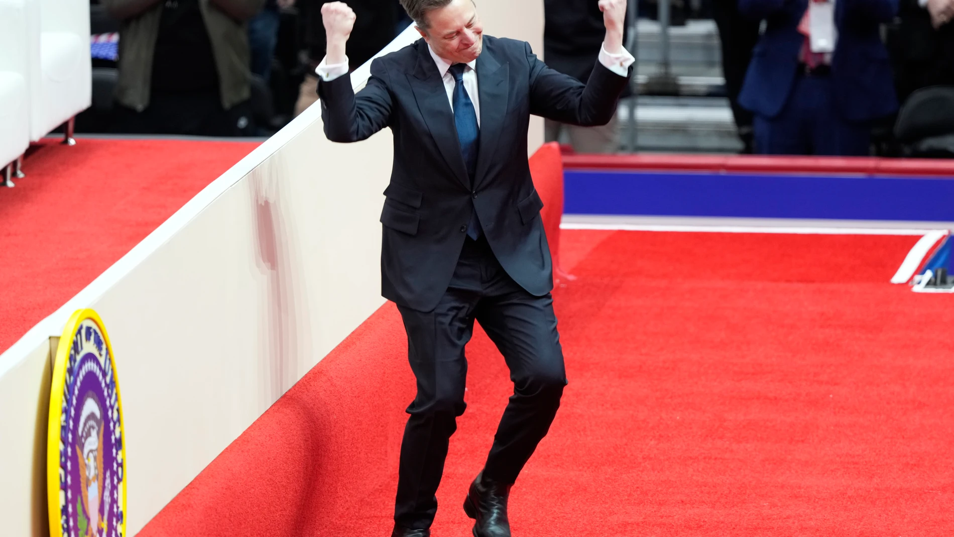 FILE - Elon Musk arrives on stage to speak at an indoor Presidential Inauguration parade event in Washington, Jan. 20, 2025. (AP Photo/Susan Walsh, File)