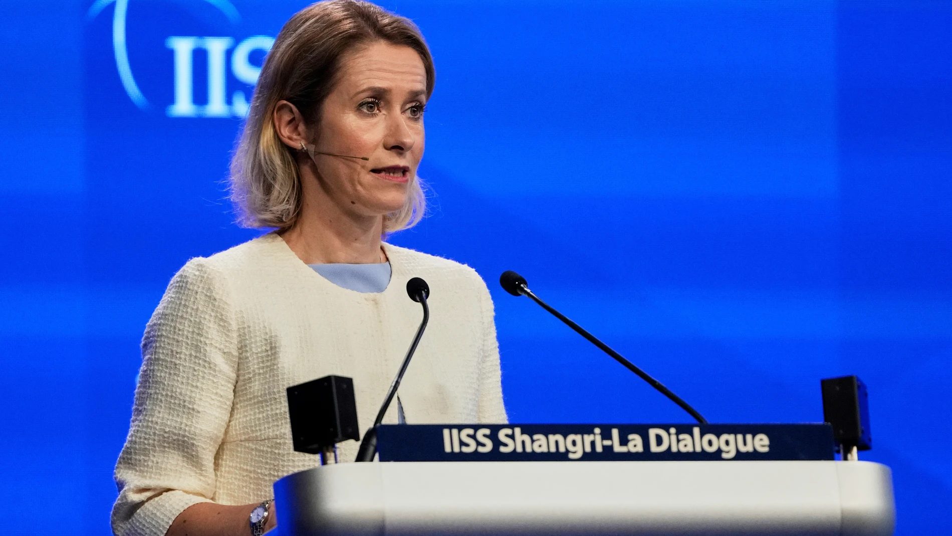 Kaja Kallas, High Representative for Foreign Affairs and Security Policy; Vice-President of the European Commission, European Union delivers her speech during 22nd Shangri-La Dialogue summit in Singapore, Saturday, May 31, 2025. (AP Photo/Anupam Nath)