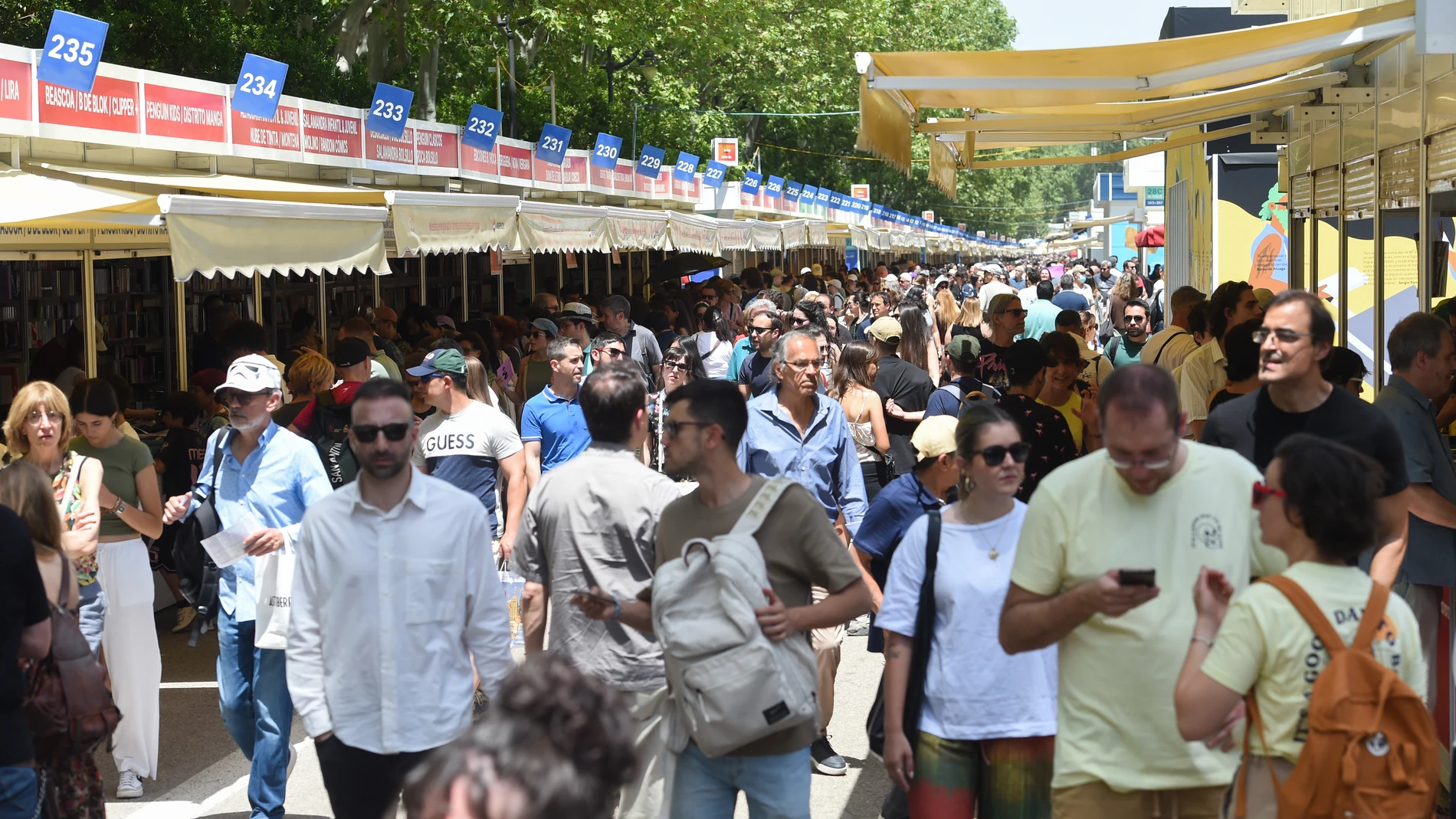 Cientos de personas durante la 84ª Feria del Libro de Madrid, en el parque del Retiro, a 31 de mayo de 2025, en Madrid (España). Esta edición de la Feria del Libro está dedicada a la ciudad de Nueva York y se prolongará hasta el 15 de junio. Entre los autores que participarán destacan Vivian Gornick, Junot Díaz y Katie Kitamura. A lo largo del Paseo de Coches del Retiro se han instalado 365 casetas, seis más que en la edición anterior, que incluyen 121 librerías y 214 editoriales. En ellas se...