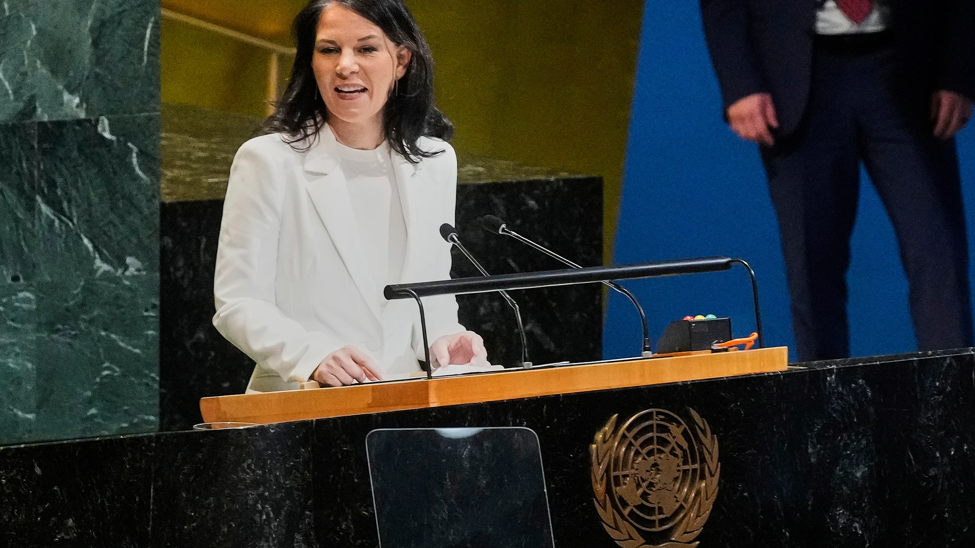Annalena Baerbock of Germany addresses the United Nations General Assembly after she was elected as president of the 80th session of the body, Monday, June 2, 2025. (AP Photo/Richard Drew)