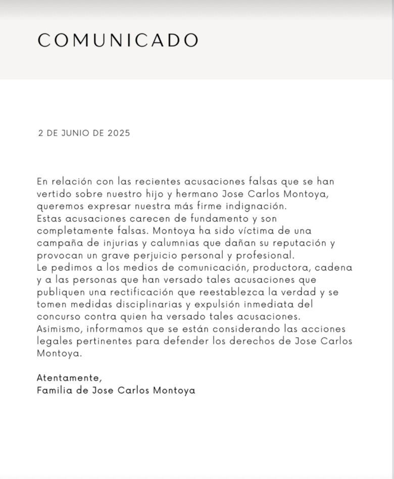 Captura del comunicado emitido por la familia de Montoya