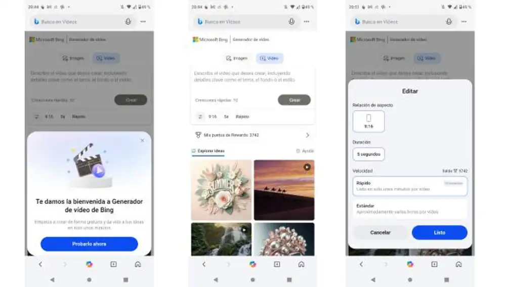 Creación de vídeos en la app de Bing.