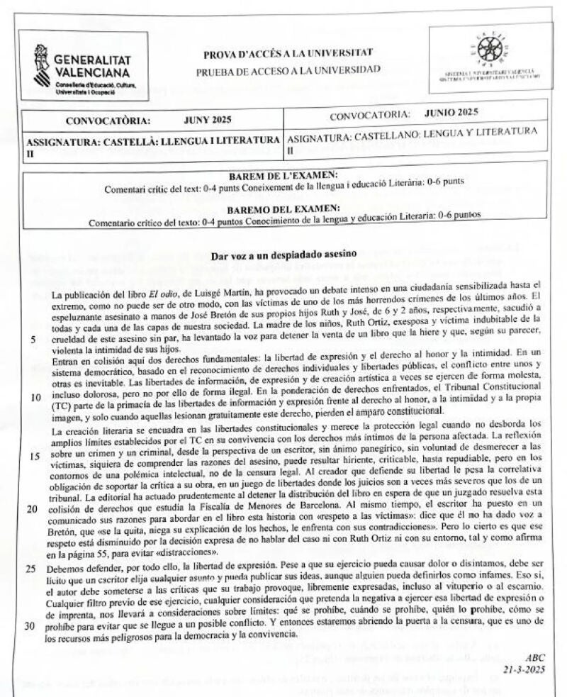 Examen de Lengua y Literatura de las PAU 2025