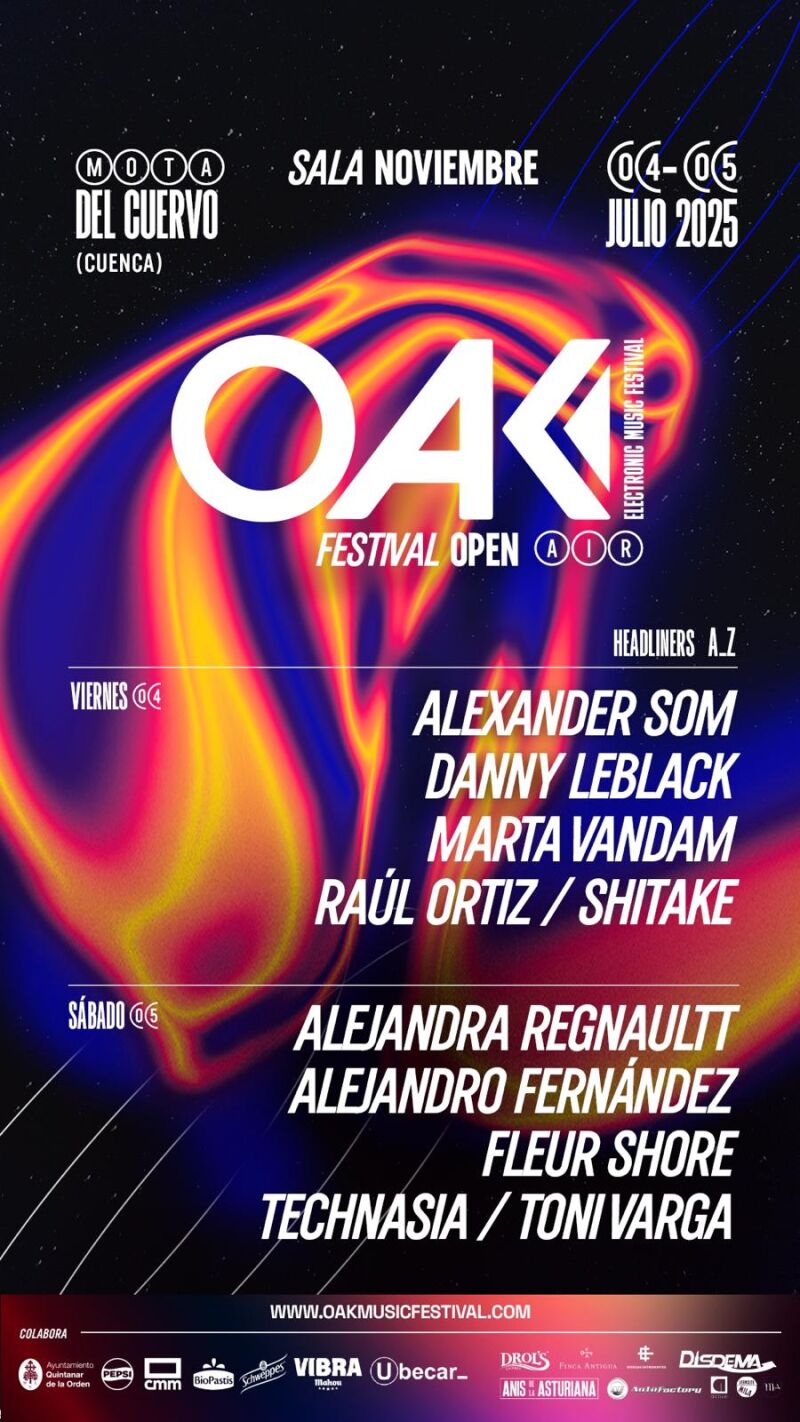 Cartel de OAK Electronic Music, el festival de Música Electrónica que se celebra en Mota del Cuervo, Cuenca