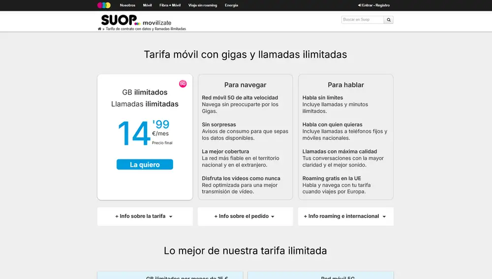 La tarifa en la web de la operadora