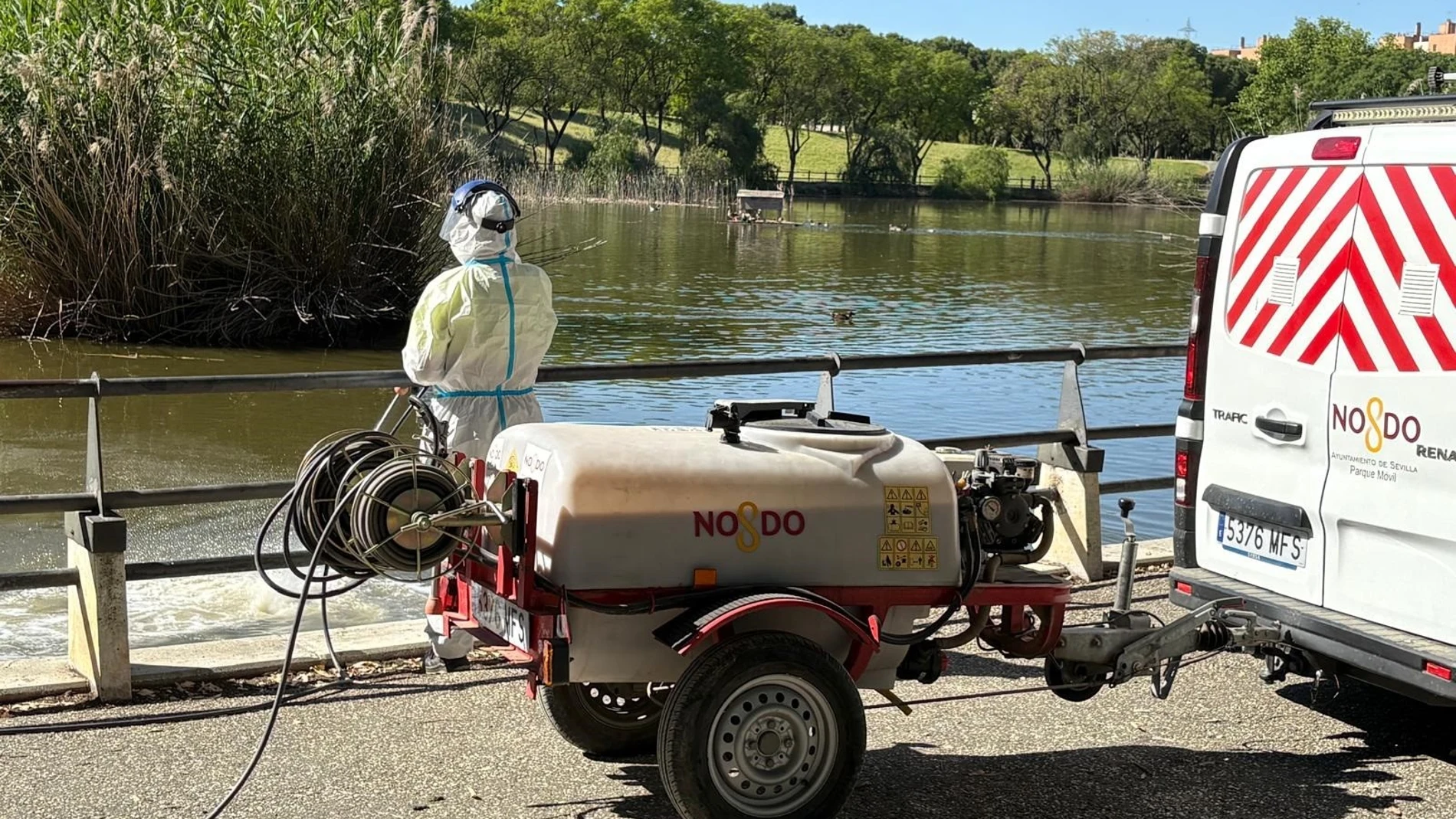 Labores de fumigación en estanques de competencia municipal contra los mosquitos. REMITIDA / HANDOUT por AYTO.DE SEVILLA Fotografía remitida a medios de comunicación exclusivamente para ilustrar la noticia a la que hace referencia la imagen, y citando la procedencia de la imagen en la firma 05/06/2025