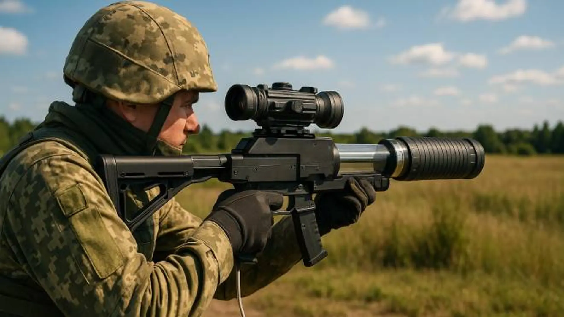 Recreación de un soldado haciendo uso del nuevo fusil láser de Rusia (IA).