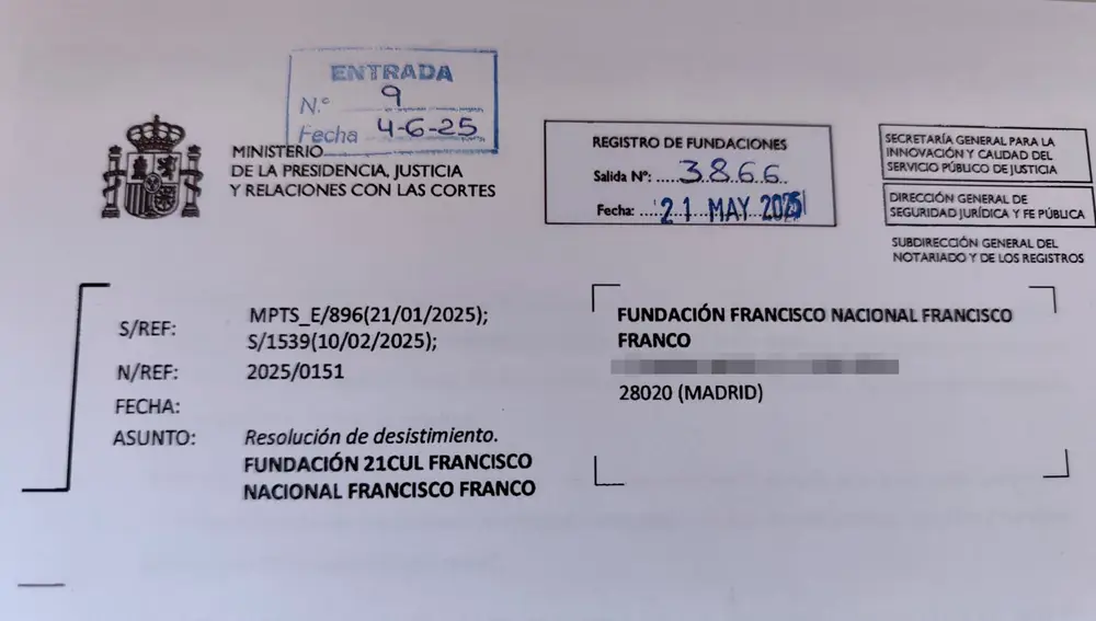 Encabezamiento de la resolución recibida por la Fundación Franco por parte del Registro de Fundaciones