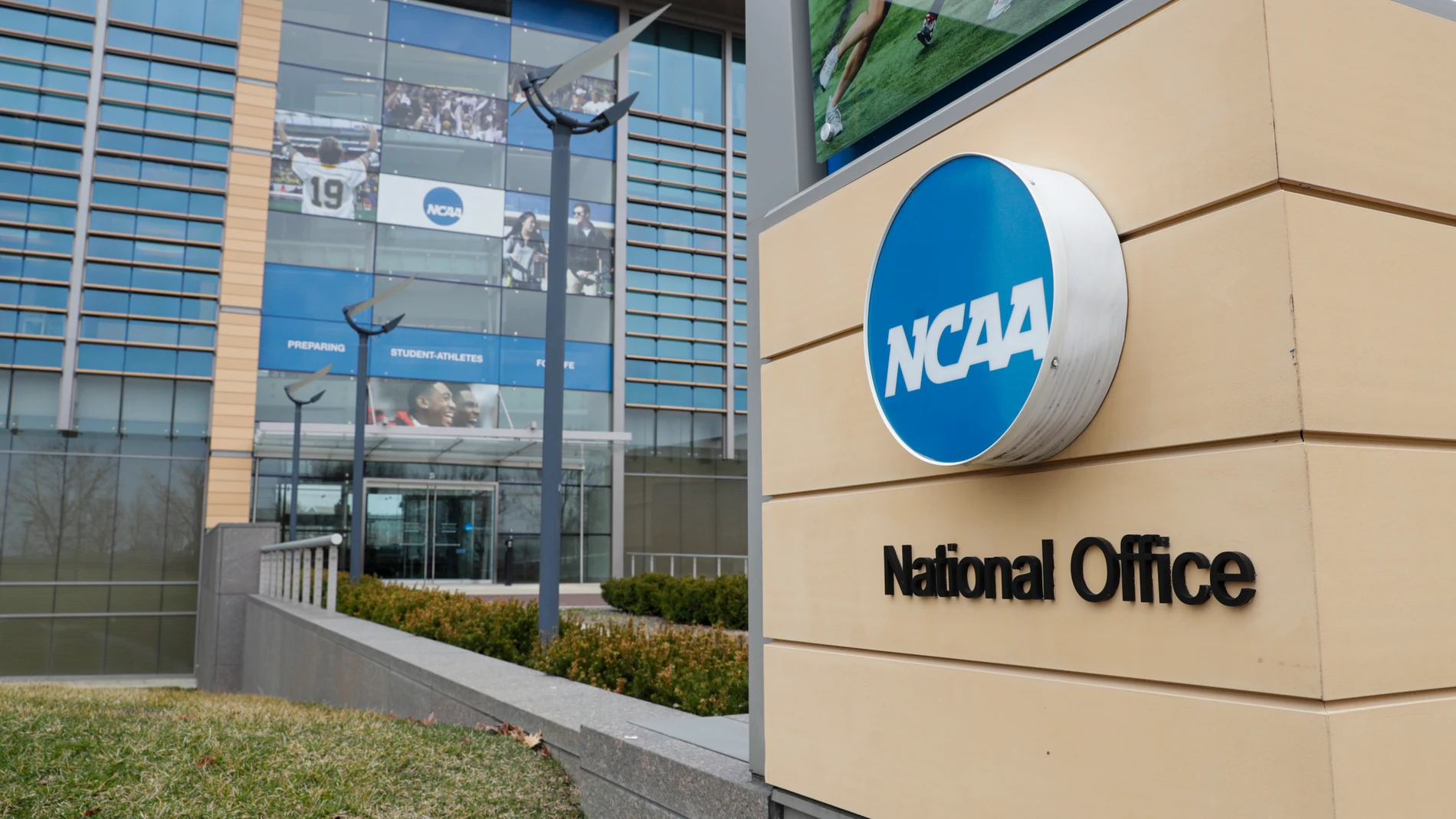 FILE - The NCAA headquarters in Indianapolis is seen on March 12, 2020. (AP Photo/Michael Conroy, File)