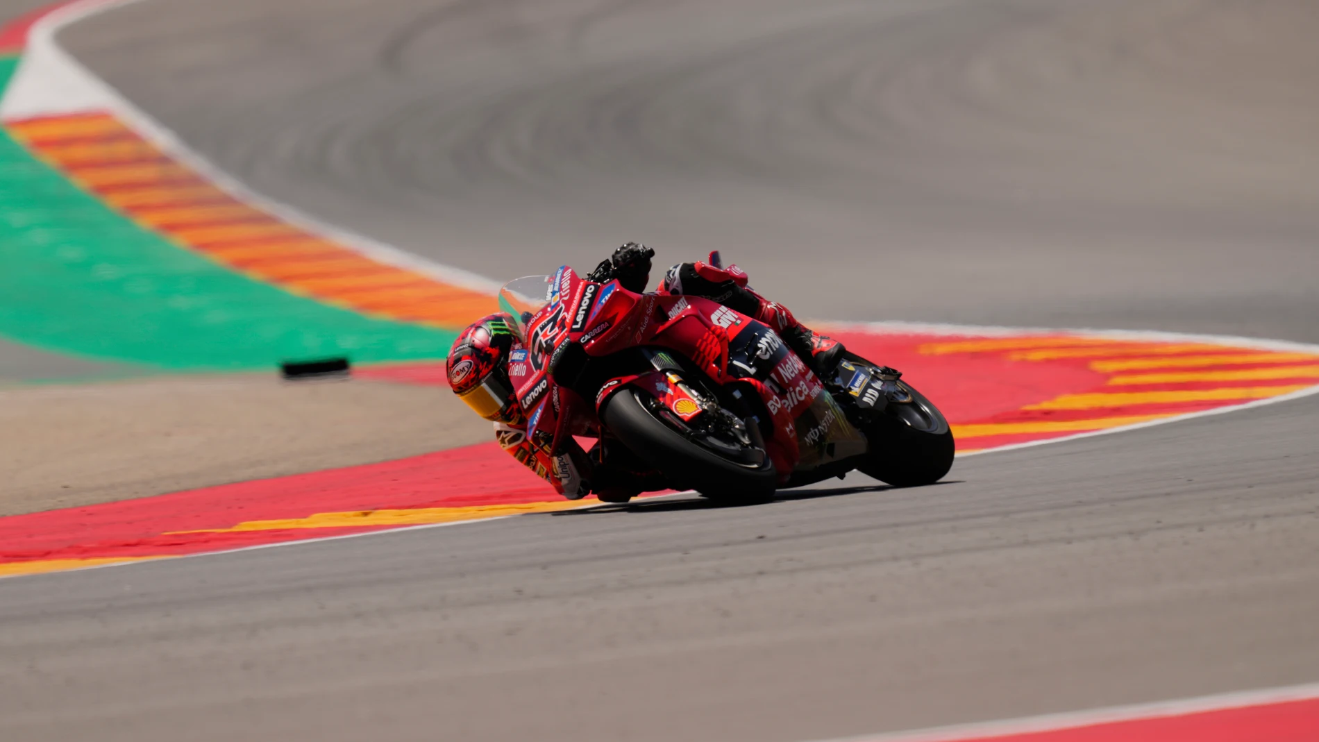 Italian rider Francesco Bagnaia of the Ducati Lenovo Team steers his motorcycle during the MotoGP race of the Grand Prix of Aragon at the MotorLand Aragon circuit, in Alcaniz, Spain, Sunday, June 8, 2025. (AP Photo/Jose Breton)