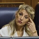 Yolanda Diaz (Sumar) en una comparecencia del presidente del Gobierno, Pedro Sánchez