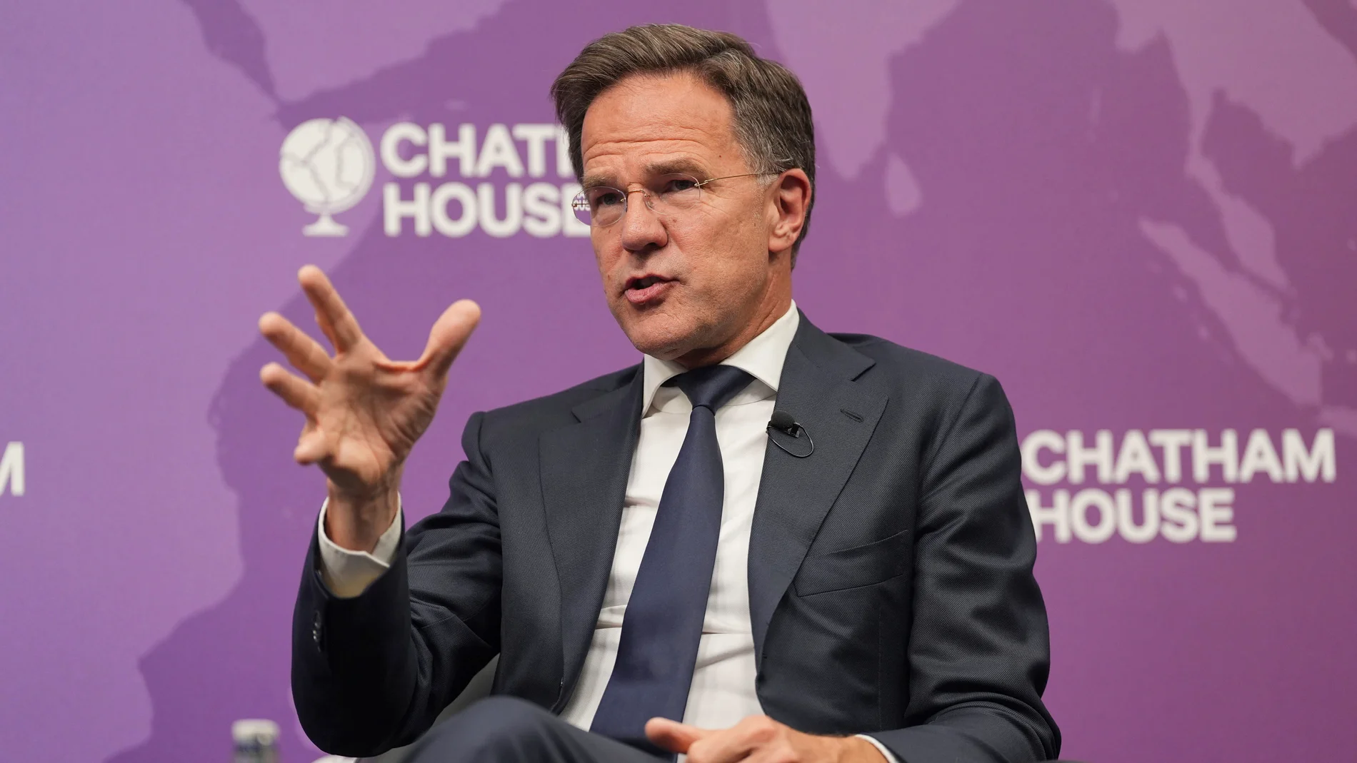 NATO Secretary General Mark Rutte gives a speech at Chatham House, London, Monday June 9, 2025, during his visit to the UK. (Yui Mok/PA via AP)