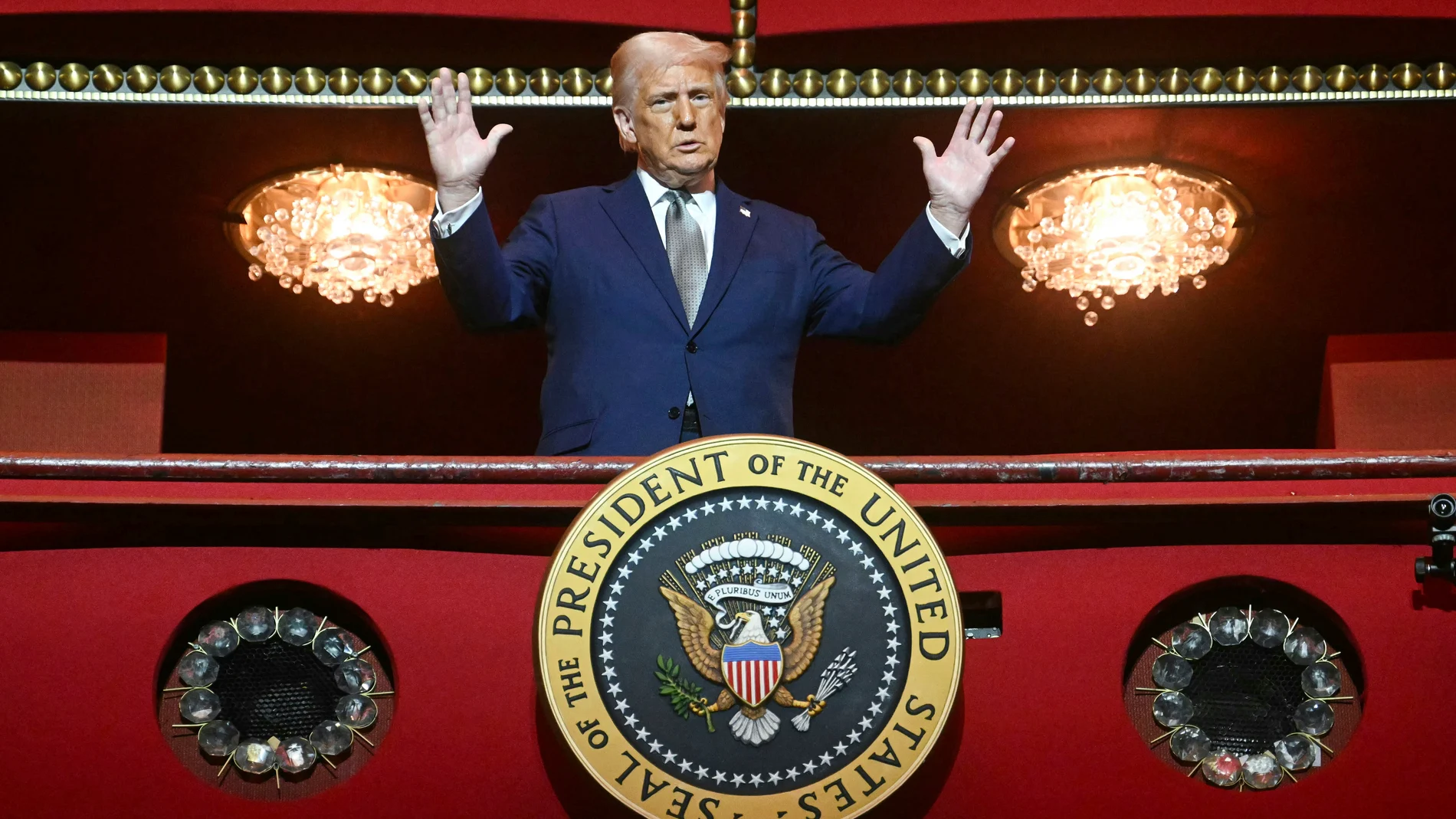 FILE - President Donald Trump stands in the presidential box as he tours the John F. Kennedy Center for the Performing Arts in Washington, March 17, 2025. (Pool via AP, File)