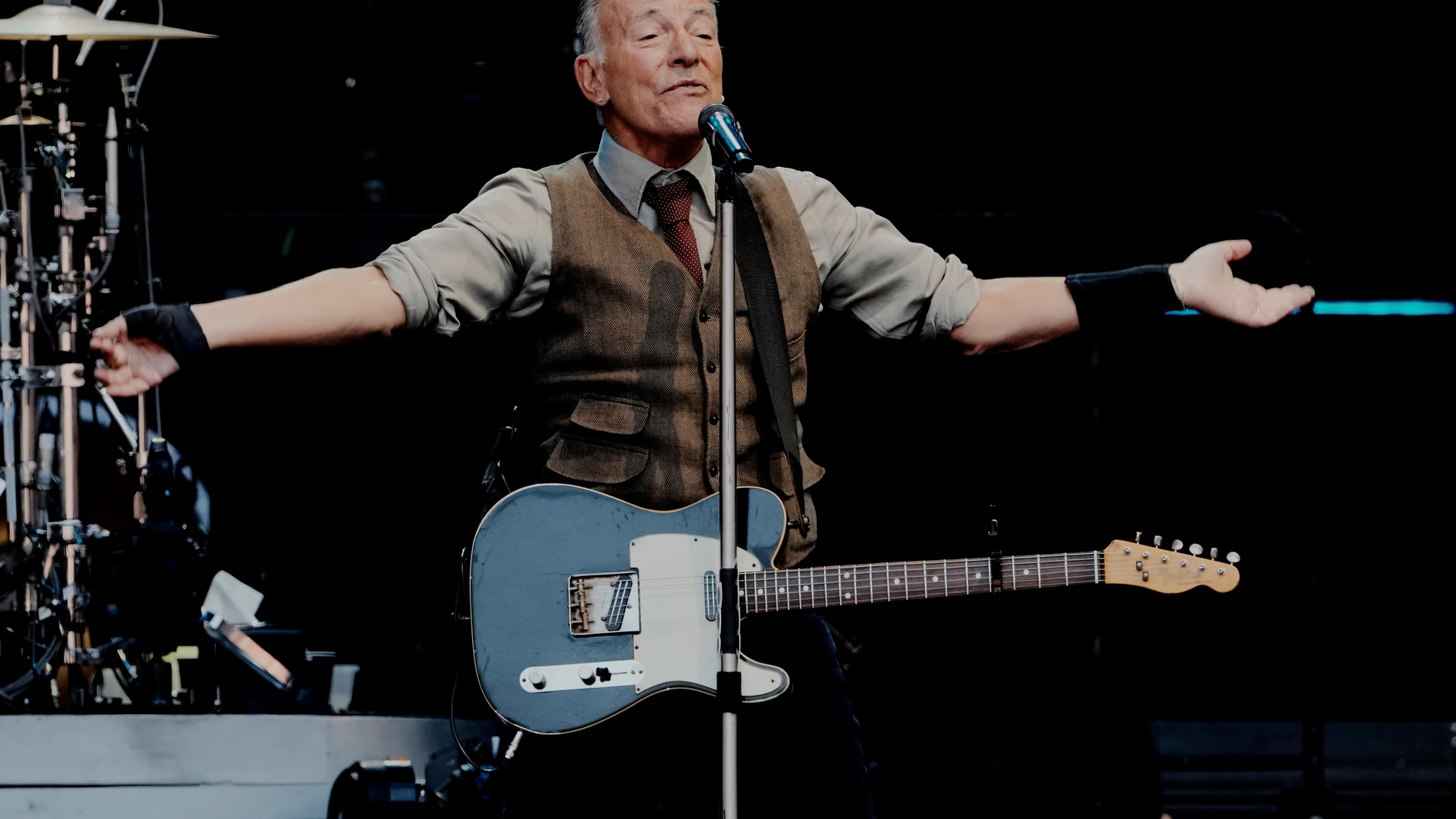 Bruce Springsteen performs with the E Street Band at the Olympic Stadium in Berlin, Germany, Wednesday, June 11, 2025. (AP Photo/Markus Schreiber)