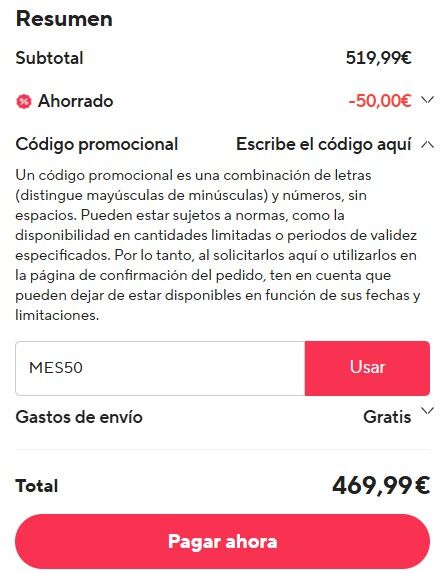 Así quedará tu carrito al introducir el cupón MES50 para comprar esta PS5