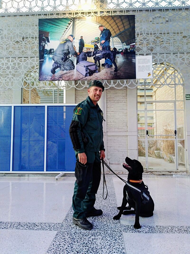 Tango junto a su guía en la guardia civil durante el tiempo que prestó servicio como detector de explosivos.