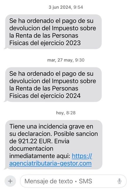 SMS fraudulento de la Agencia Tributaria