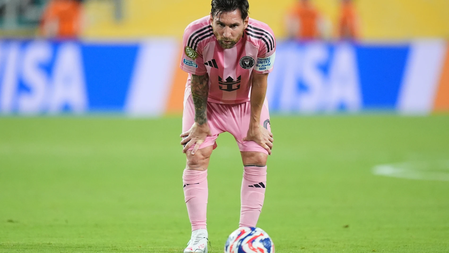 Inter Miami's Lionel Messi prepares to take a free kick during the Club World Cup group A soccer match between Al Ahly and Inter Miami in Miami, Fla., Saturday, June 14, 2025. (AP Photo/Rebecca Blackwell)