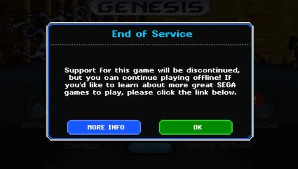 Este es el mensaje que te aparece en los juegos clásicos de SEGA para móvil que se quedan sin soporte