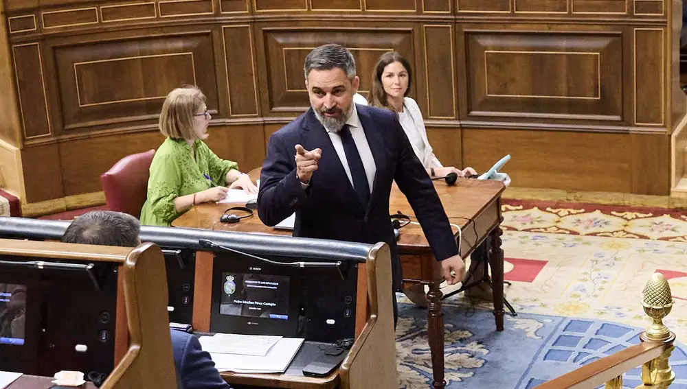 AMP.- Abascal se va del hemiciclo sin escuchar a Sánchez y el presidente le afea "falta de respeto" al Congreso