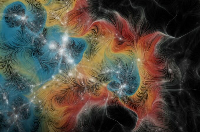 Representación artística del medio intergaláctico y la materia oscura (en rojo)