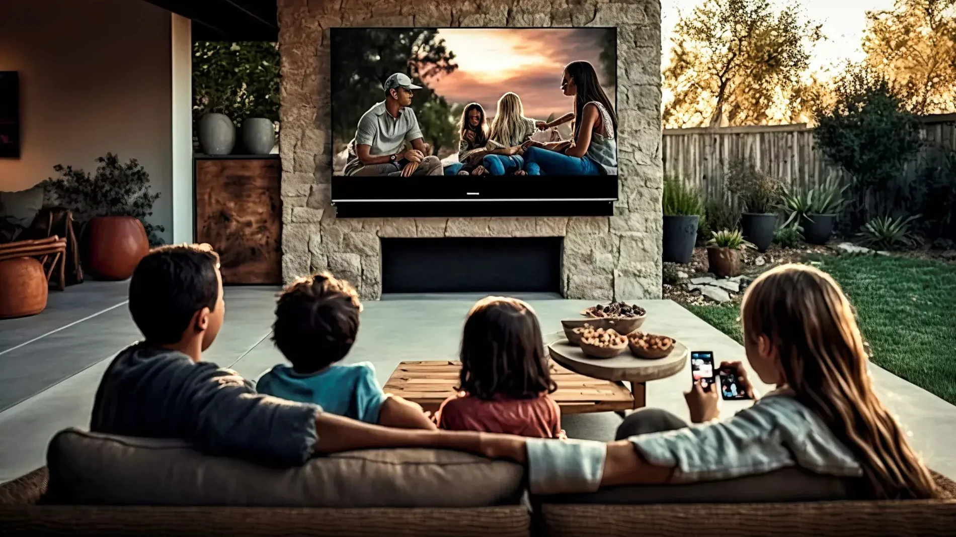 Familia viendo TV en la terraza