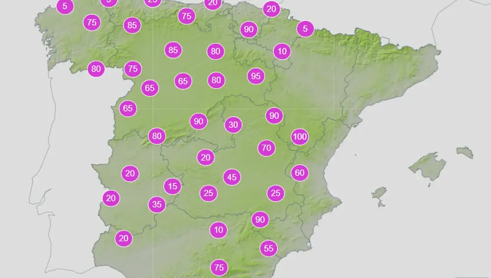 Probabilidad de precipitación de 12 a 18 horas de este jueves