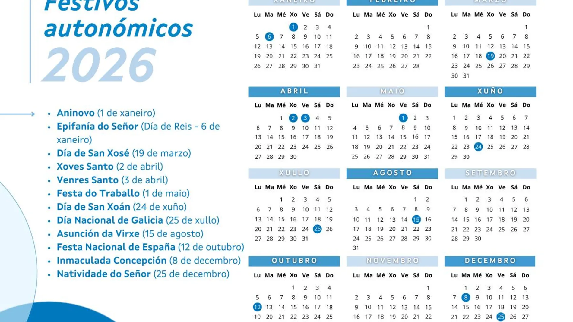 Así será el calendario de laboral para 2026 en Galicia