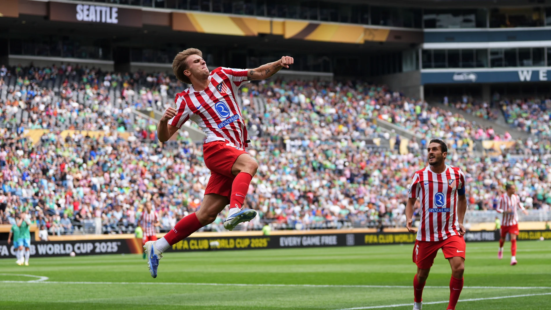 Atletico Madrid's Pablo Barrios celebrates scoring his side's opening goal during the Club World Cup group B soccer match between Seattle Sounders and Atletico Madrid in Seattle, Thursday, June 19, 2025. (AP Photo/Lindsey Wasson)
