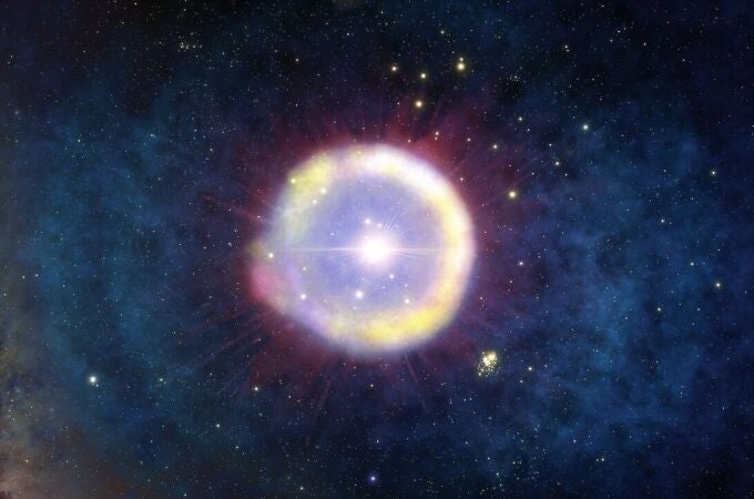 Impresión artística muestra un campo de estrellas de Población III, compuestas solo por hidrógeno y helio (sin metales), tal y como habrían aparecido apenas 100 millones de años después del Big Bang