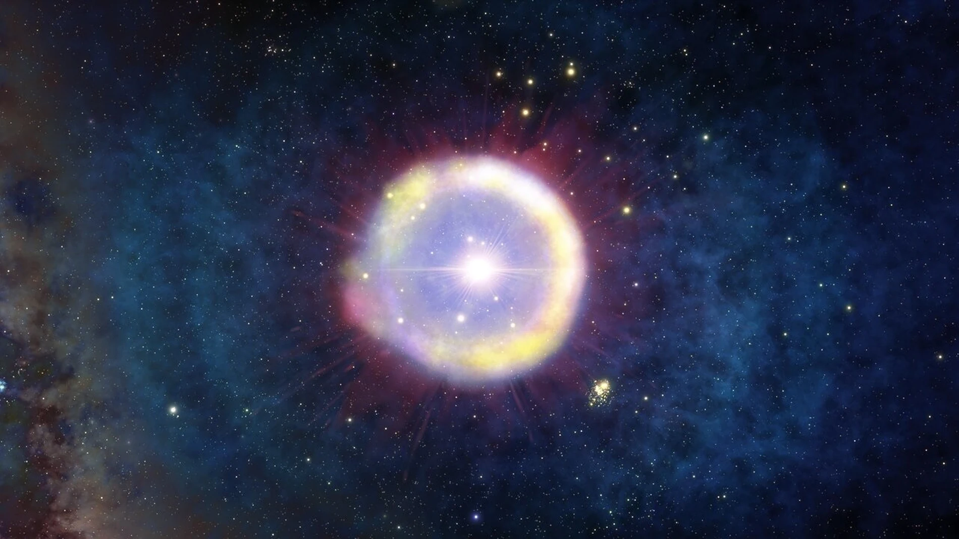 Impresión artística muestra un campo de estrellas de Población III, compuestas solo por hidrógeno y helio (sin metales), tal y como habrían aparecido apenas 100 millones de años después del Big Bang