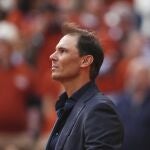 Rafa Nadal looks up to fans during a farewell ceremony at center court Philippe-Chatrier, at the Roland-Garros stadium, in Paris, Sunday May 25, 2025. 