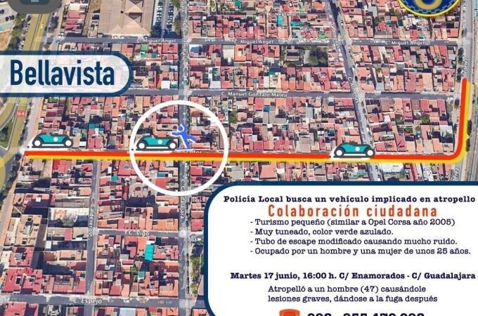 Piden colaboración ciudadana para localizar a dos jóvenes huidos tras un atropello en Bellavista