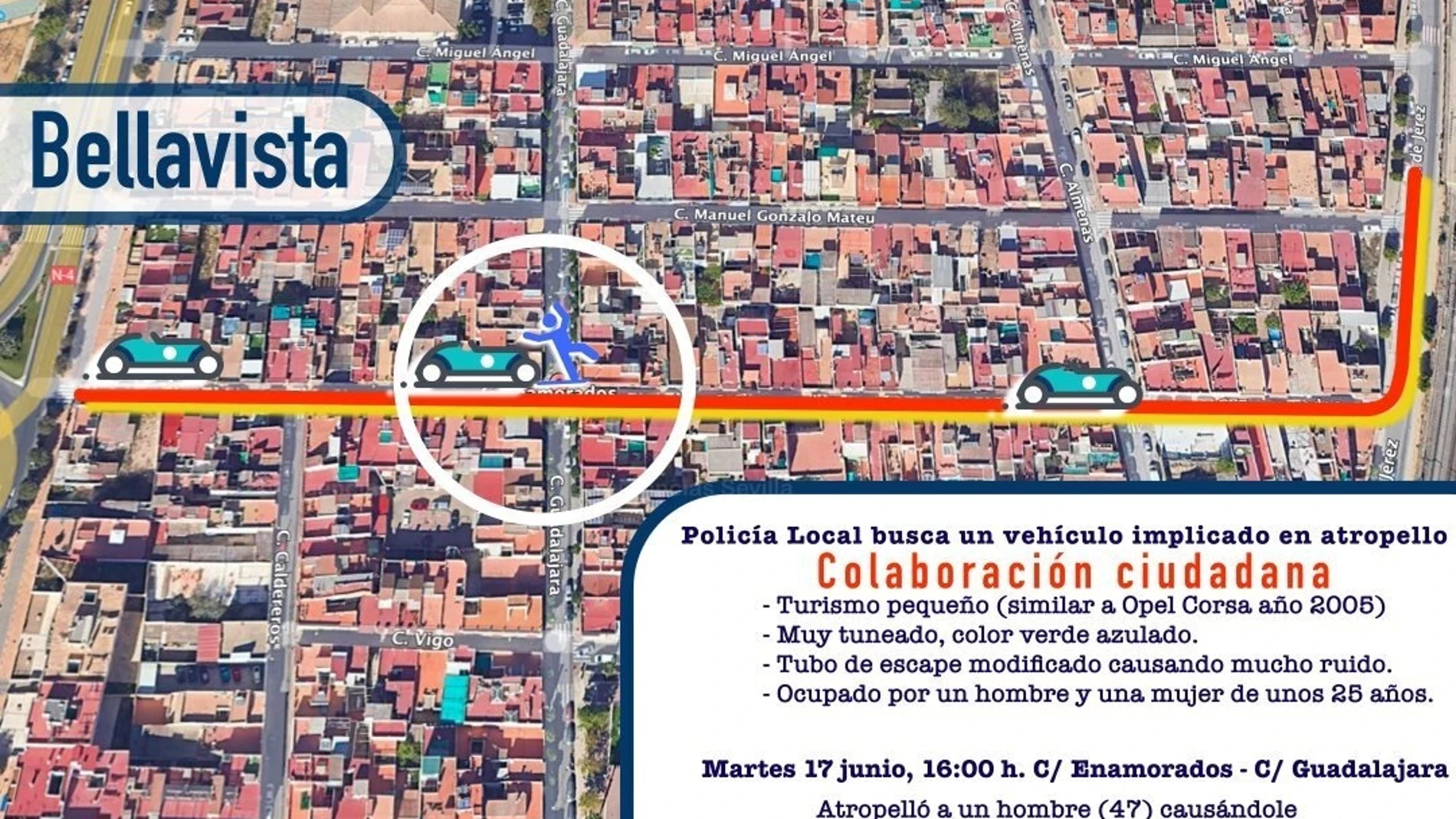 Piden colaboración ciudadana para localizar a dos jóvenes huidos tras un atropello en Bellavista