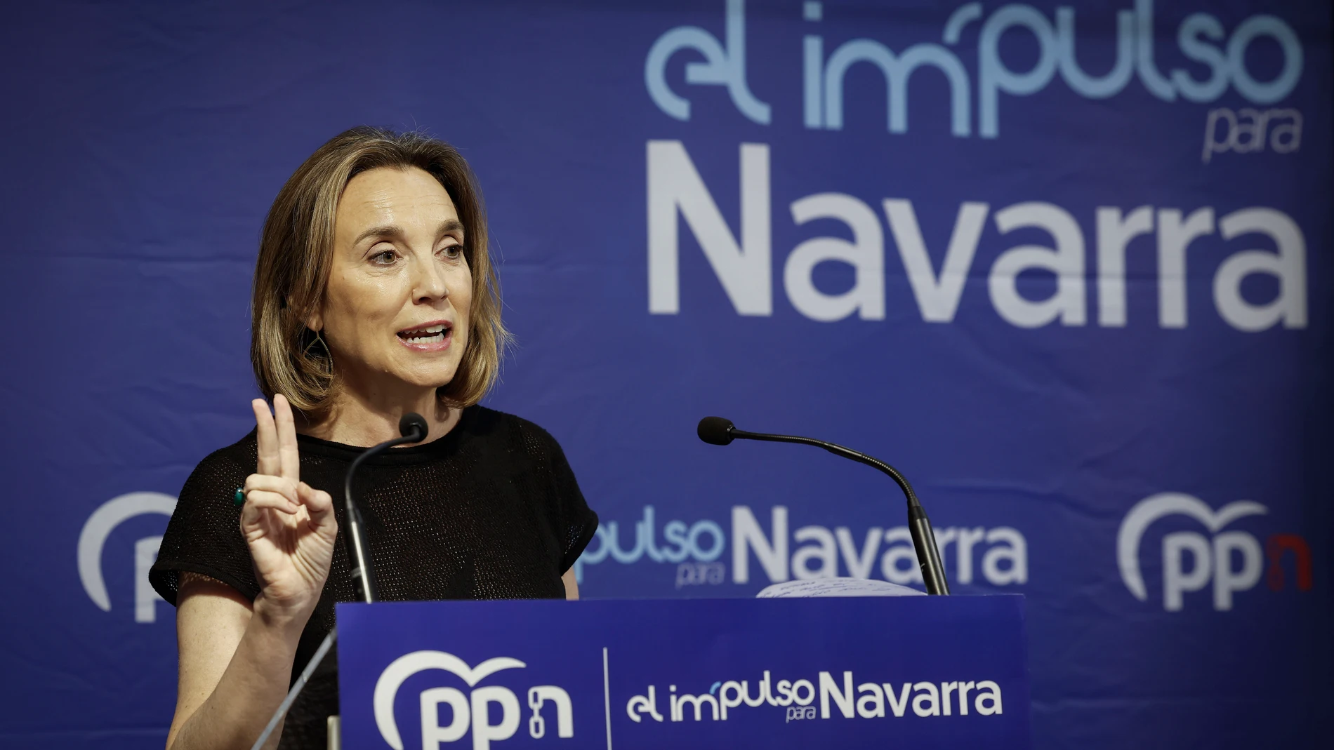Cuca Gamarra atiende a los medios de comunicación n una rueda de prensa en Navarra