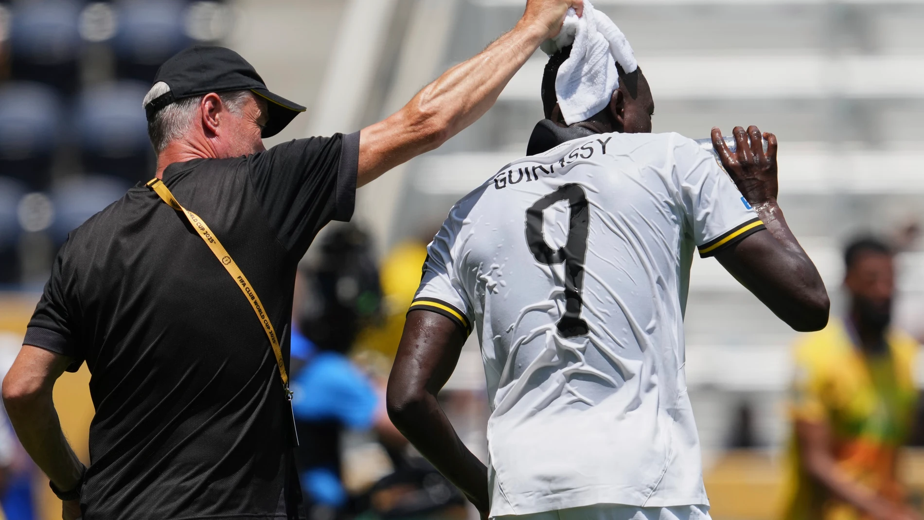 Borussia Dortmund's Serhou Guirassy drinks water during the Club World Cup Group F soccer match between Mamelodi Sundowns and Borussia Dortmund in Cincinnati, Saturday, June 21, 2025. (AP Photo/Jeff Dean)
