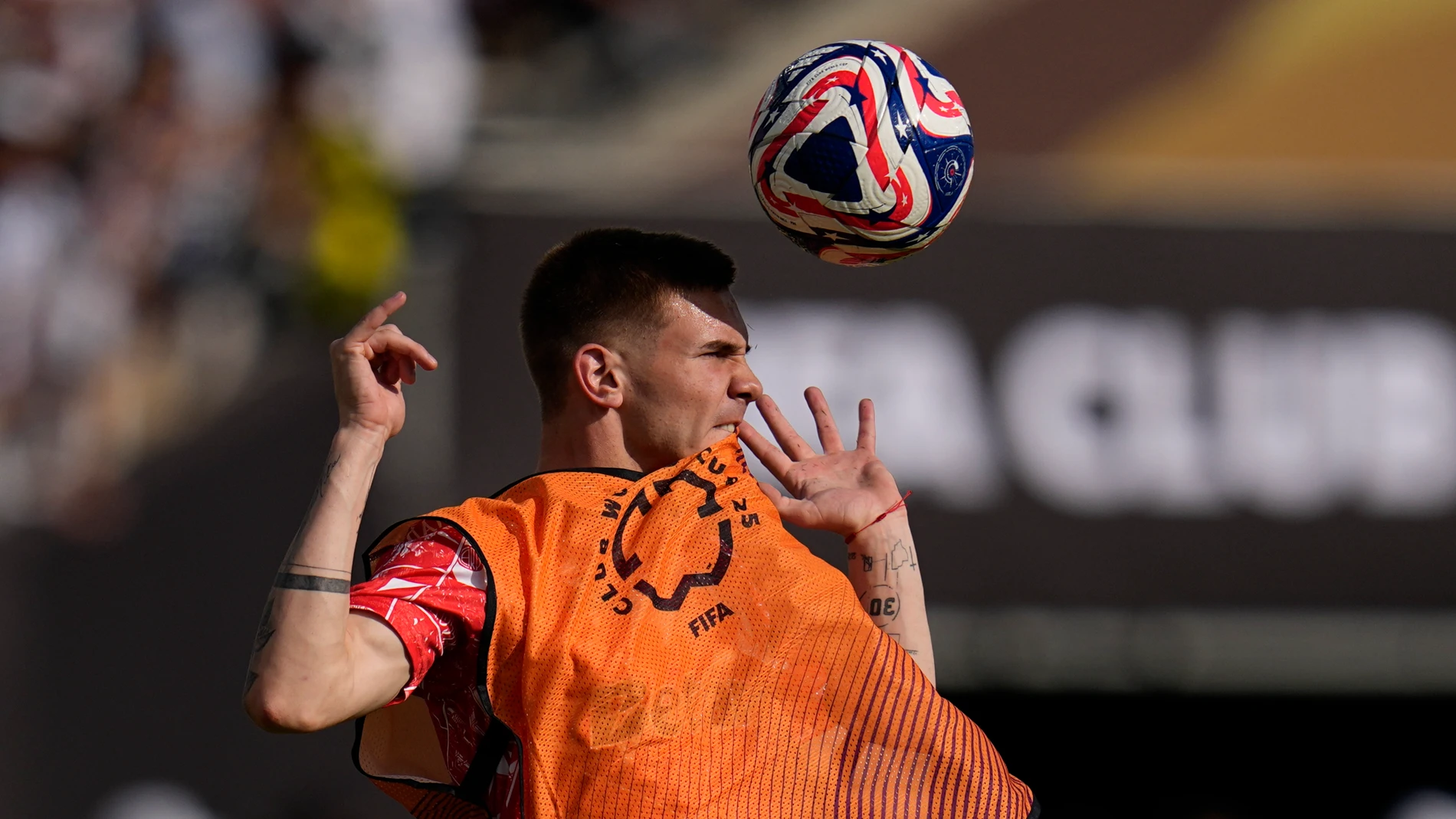 River Plate's Franco Mastantuono heads a ball prior to the Club World Cup Group E soccer match between River Plate and CF Monterrey in Pasadena, Calif., Saturday, June 21, 2025. (AP Photo/Gregory Bull)