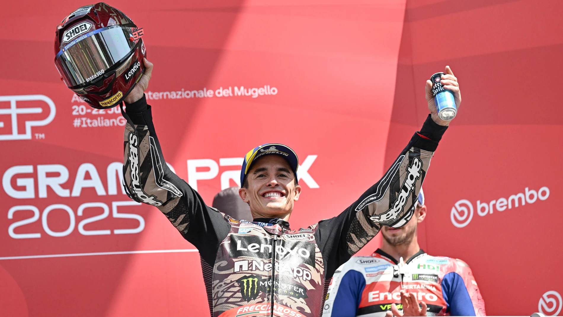 Scarperia (Italy), 22/06/2025.- Spanish MotoGP rider Marc Marquez of Ducati Lenovo Team celebrates on the podium after winning the Motorcycling Grand Prix of Italy at the Mugello circuit in Scarperia, central Italy, 22 June 2025. (Motociclismo, Italia) EFE/EPA/CLAUDIO GIOVANNINI