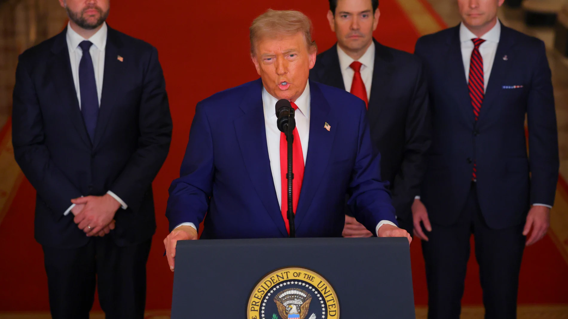 June 21, 2025, Washington, District Of Columbia, USA: United States President DONALD TRUMP speaks to the nation from the East Room of the White House in Washington, D.C, on Saturday. Earlier the President announced the successful attack on the three Nuclear sites in Iran, including Fordow, Natanz, and Esfahan. Standing behind the President, from left to right: US Vice President JD VANCE, US Secretary of State MARCO RUBIO, and US Secretary of Defense PETE HEGSETH. Europa Press/Contacto/Pool ...