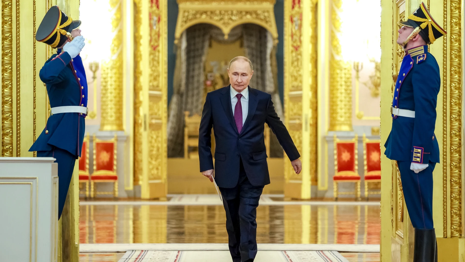Russian President Vladimir Putin enters a hall to attend a ceremony at the Kremlin in Moscow, Russia, Monday, June 23, 2025. (Alexander Kazakov, Sputnik, Kremlin Pool Photo via AP)