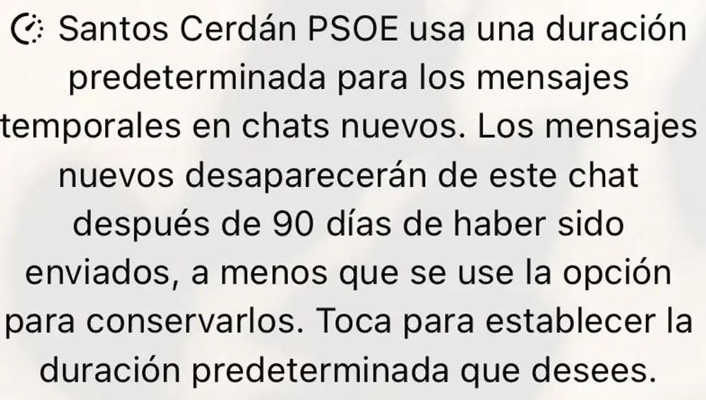 Advertencia de WhatsApp en un chat con Santos Cerdán.