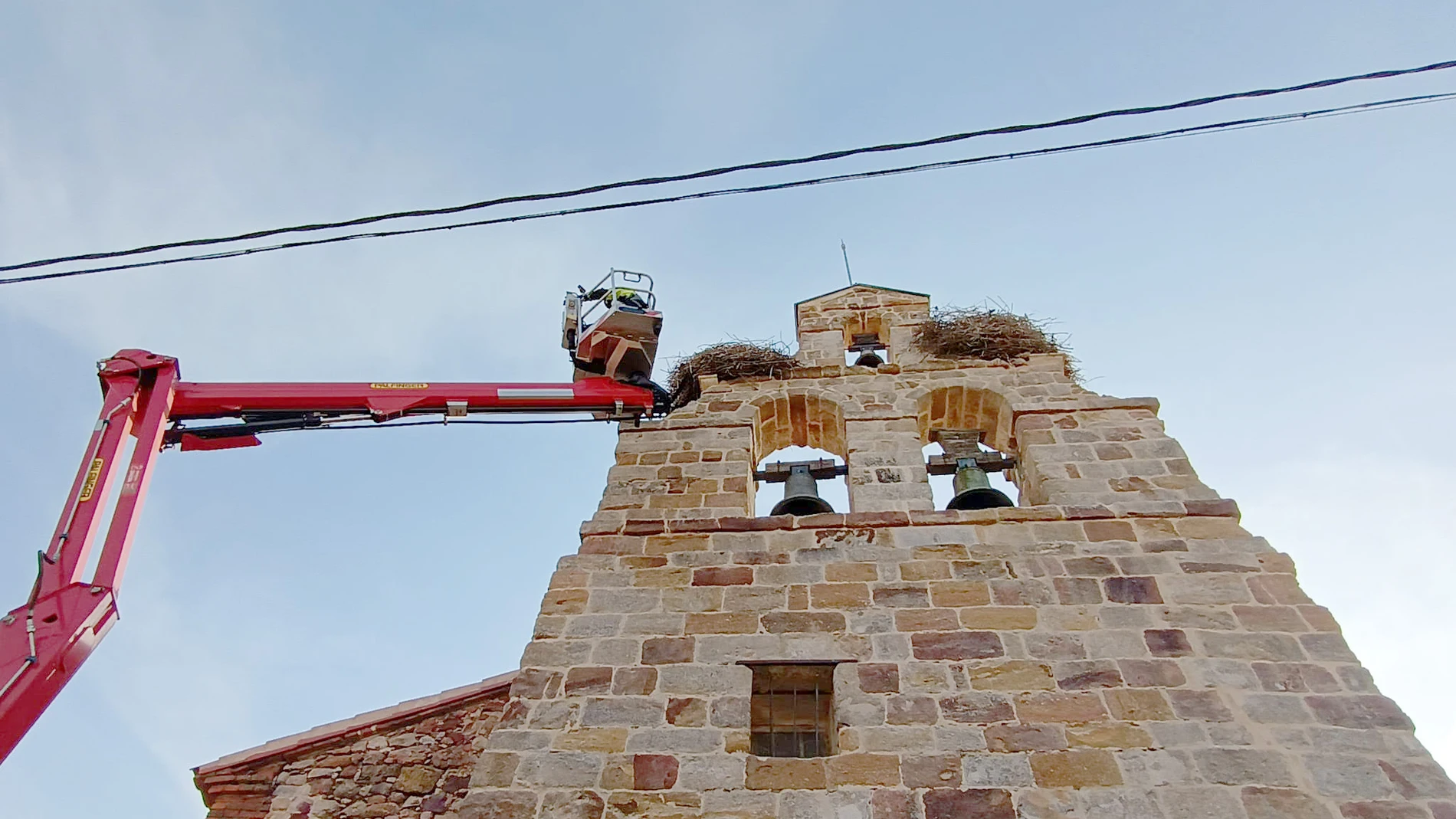 Intervención para rescatar en Entrala (Zamora) una cigüeña atrapada en su nido