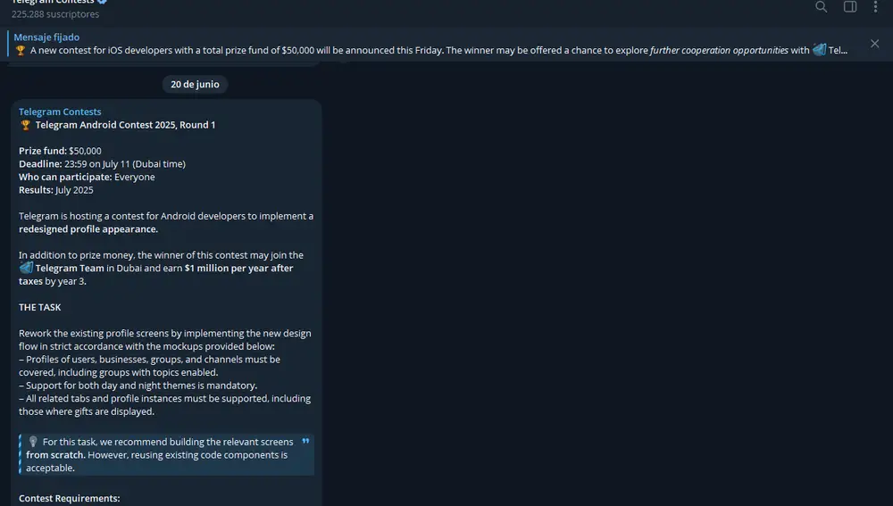 Anuncio del concurso en el grupo oficial de Telegram para concursos